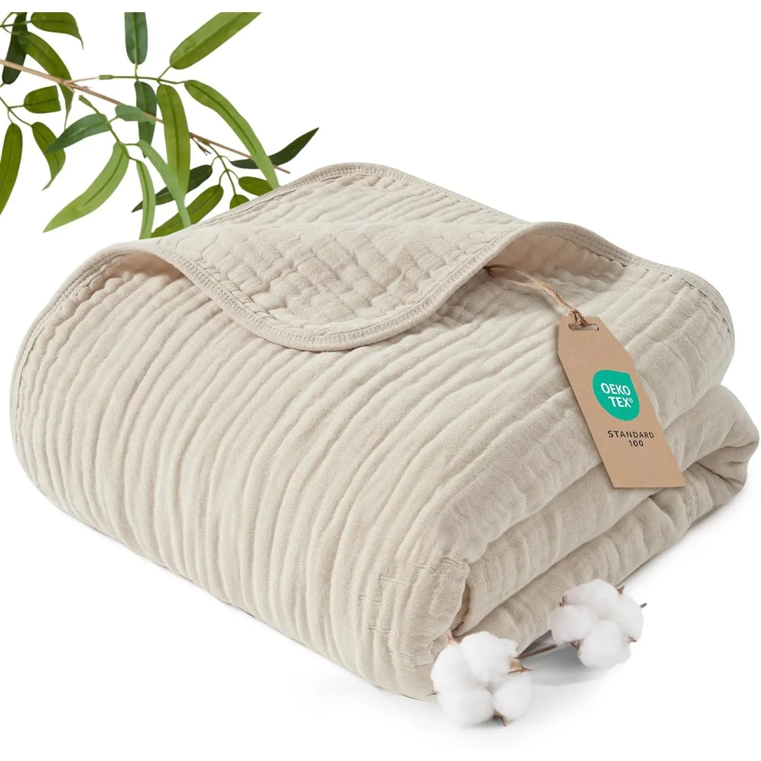 Cooling Muslin Blanket  Size 90"x80", 6-Layer Lightweight Gauze Blanket Made from 35% Rayon Derived from  & 65% , Breathable & Ultra Soft Cozy for Hot Sleepers,  Oak