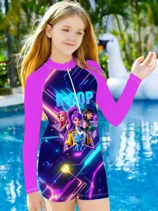 Girls' Neon Tech Style Jumpsuit, Anime Character All over Print, Quick-Dry Sunscreen Long Sleeve, Beach Pool Surfing Wear
