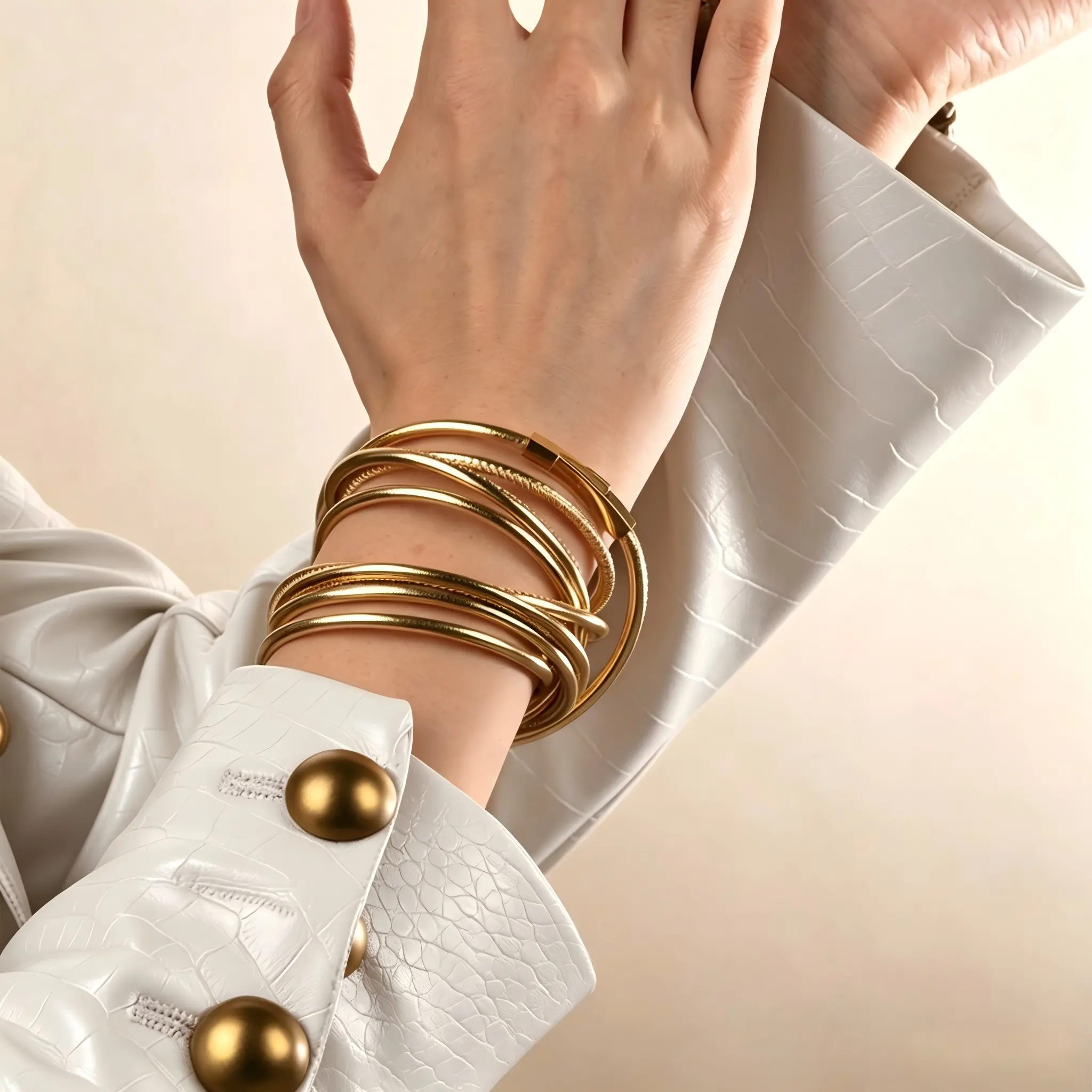 Italian Designer Luxury Multi-Coil Wrap Stackable Bangles for Women, 14K Gold Plated Clasp Open Cuff Stacking Bracelet