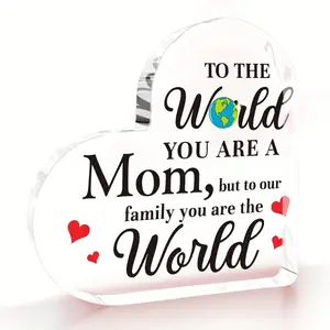 Heart-Shaped Acrylic Plaque for Mom - Mother's Day Gift World  Globe & Family Font - Sentimental Keepsake From Daughter/Son, Birthday/Anniversary Desk Decor