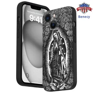 The Virgin Mary Pattern Straight Edge Phone Case for iPhone 15 16 14 Pro Max 13 12 11 XR XS Plus E Shockproof Drop Protective Rugged Durable Silicone Cover Cellphone Protective