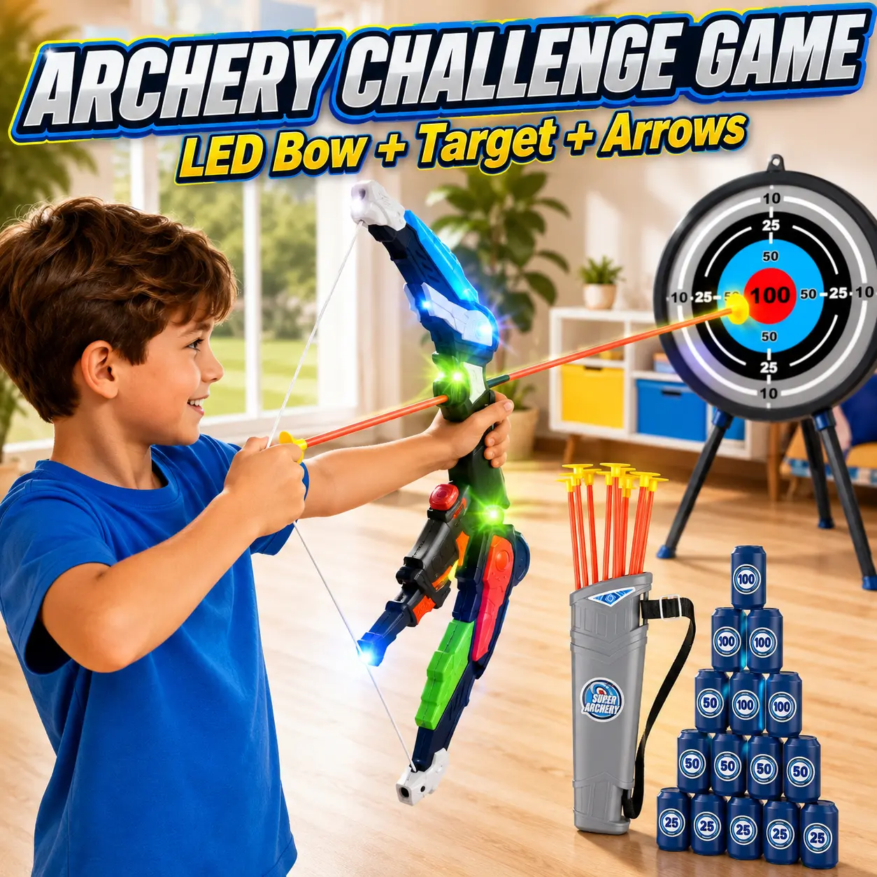 LED Light Up Archery Role Play Toy Set with Bow and Arrows Target and Quiver for Indoor Outdoor Backyard Playroom Wall Practice Game Birthday Holiday Gift toy kid gifts parent-child