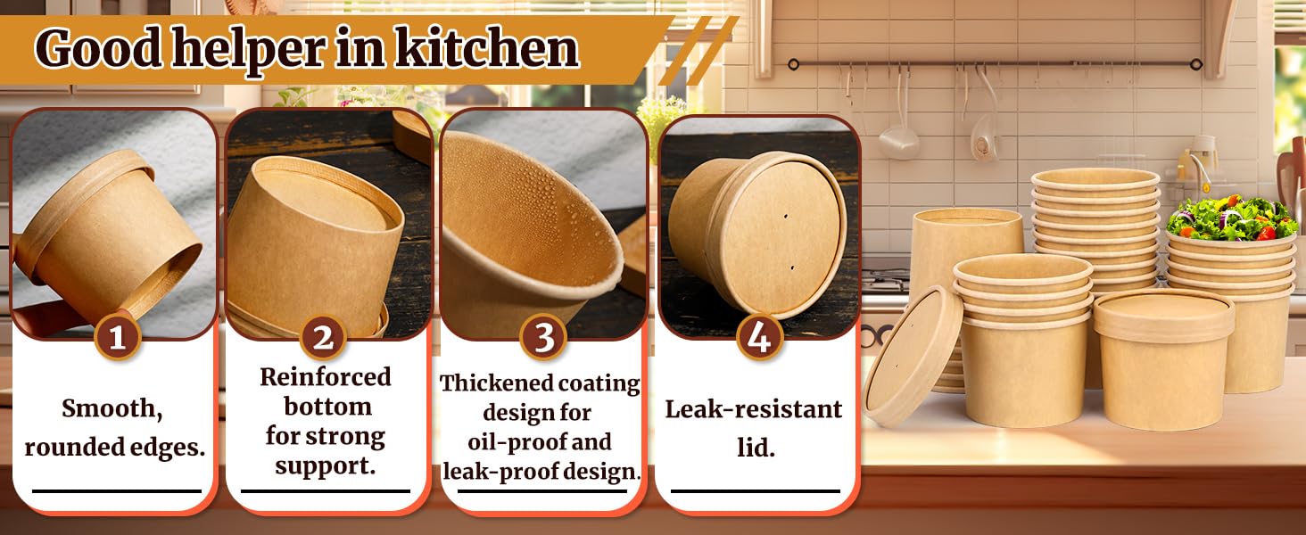 12 oz Kraft Paper Lidded Bowl Set, 50-Pack Leakproof Disposable Biodegradable Containers for Hot/Cold Foods (Disposable Kitchenware Cookware)