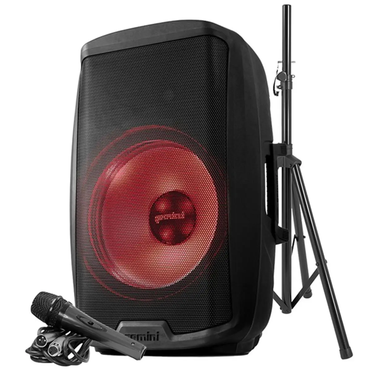 Gemini AS-2115BT-LT-PK 15in 2000W Active Multi LED Light Bluetooth Speaker with Stand, Wired Microphone, 3.5mm Compatibility, Portable Design, Guitar Audio Support, Crystal Sound, MP3 Playback, Clip-On Accessory, 73.81lbs Weight