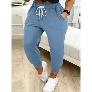 Plus Size Solid Color Pants, Casual Drawstring Waist Pants With Pockets, Women's Plus Size Clothing