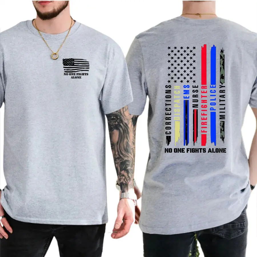 [100% Cotton] EMS Patriotic Flag T-Shirt, No One Fights Alone First Responder Tee, Emergency Medical Services Shirt, Dispatcher Nurse Firefighter Police Military Support Graphic Gift For Men Women.