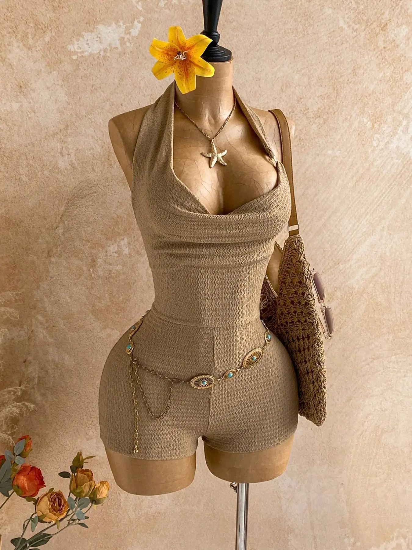 Spring Summer Short Knit Womenswear Fashion Overalls Jumpsuit, Knitted, Deep Slit and Metal Decor Details, Perfect for Vacation, New Year, Music Festivals, Parties, Overall Jumpsuits
