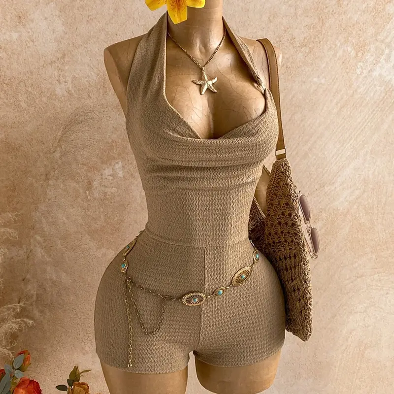 Spring Summer Short Knit Womenswear Fashion Overalls Jumpsuit, Knitted, Deep Slit and Metal Decor Details, Perfect for Vacation, New Year, Music Festivals, Parties, Fashionable Jumpsuit