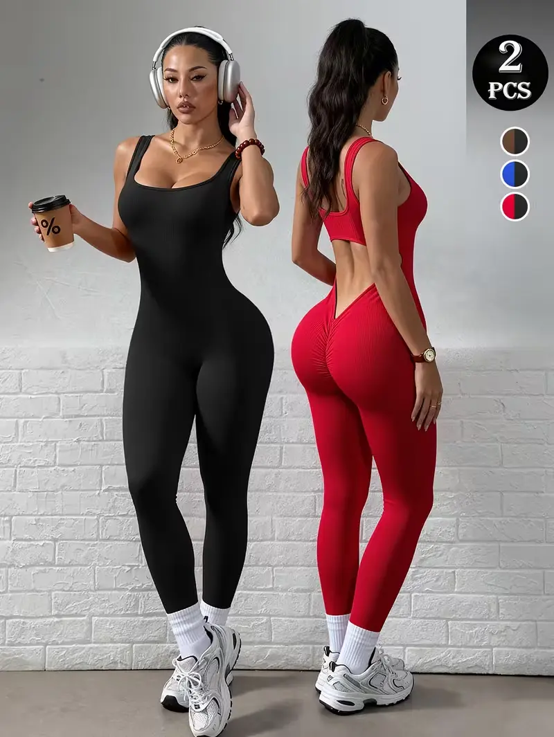 TCVC Women's U-Neck Sports Set - High Elasticity Quick-Dry Seamless Jumpsuit for Yoga Gym Exercise - Comfortable Breathable Two-Piece Athletic Wear