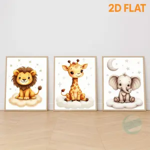 [2D Flat Printing] 3pcs/set Cute Baby Giraffe on Cloud Wall Art Poster, Adorable Animal Canvans Painting for Nursery Kids Room Decor, Sweet Star Art Print, Unframed