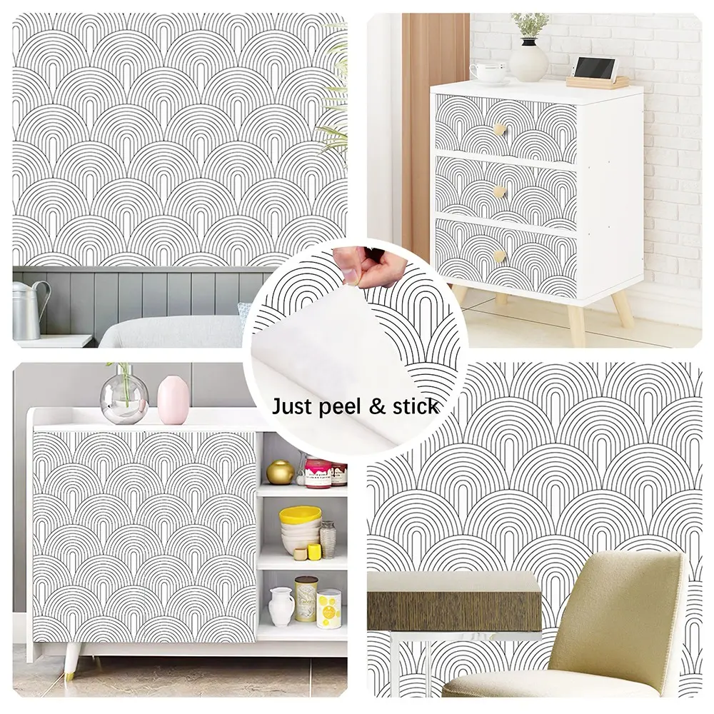 Easy Peel Vinyl Wallpaper Roll, Half Circle Line Design, Removable Self-Adhesive, 17.71 Inch Wide, Mould-Proof, for Home Decor, Living Room, Kitchen