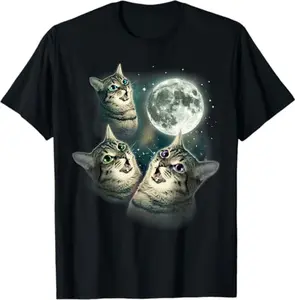 Hilarious Cat Shirt Featuring a Trio of Playful Felines and Howling Wolves in a Charming Graphic Design
