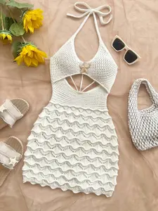 Y2K New Women's Fashion Sweater Dress, Spring Summer Knitwear, Solid Hollow Out Design, Metal Star Pendant, Beach Vacation Style, Casual