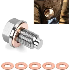 M14*1.5 Magnetic Oil Drain Plug, Aluminum Stainless Steel Sump Drain Nut Bolt with 5 Copper Crush Washer, Universal Leak-proof Replacement Car Accessories for Most Vehicles