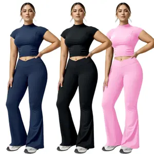 2pcs Women'S Yoga Workout Set - High-Waisted Crop Top & Running Flare Leggings, Stretchy Solid Color Activewear for Gym, Yoga & Casual Wear, Workout Accessories, Fitness Apparel, Modern Athletic Wear, Comfortable Fit