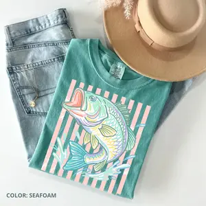 Comfort Colors Vintage Bass Fish TShirt, Pastel Fishing Graphic Tee, Preppy Coastal Lake Aesthetic TShirt, Summer Fishing Outfit, Summer Lovers Gift