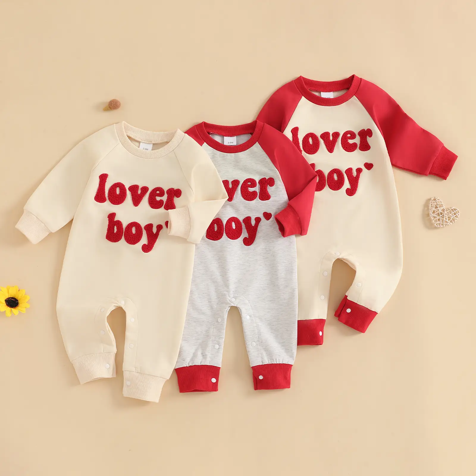 Newborn Baby Boy Valentines Day Outfit Lover Boy Embroidery Sweatshirt Bubble Romper Oversized Onesie Long Sleeve Outfit