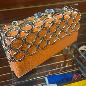 Camel Rvening Clutch with Gold Circles Vegan Approved Stylish Elegant Design Detachable Chain Strap for Any Occasion