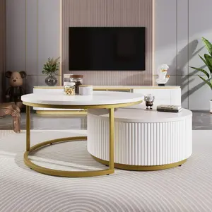 Nesting Coffee Table Set of 2, Modern Lift-Top Round Coffee Table with Drawer, Circular Wood Center Table Set for Living Room, Apartment, 27.6" White & Gold