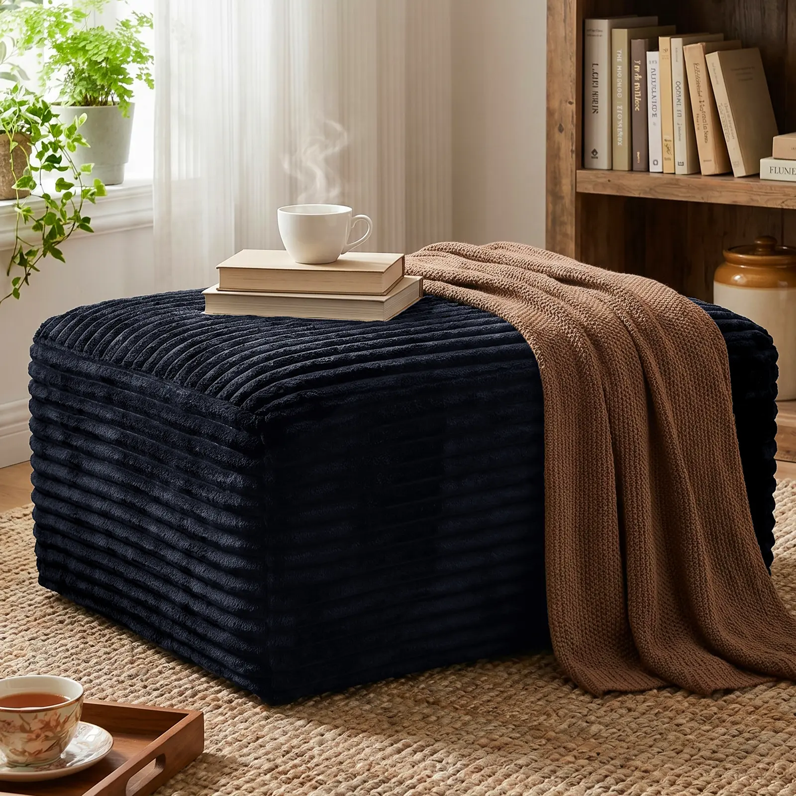ELHRSWW Corduroy Soft Touch Movable Ottoman - Modern Ergonomic Footstool, 350lb Capacity Multifunctional Guest Seat, Spring-Free Sponge Cushion, No-Assembly Minimalist Luxury Indoor Furniture, Upholstered Bench for Living Room & Bedroom, Ottoman Guest Sea