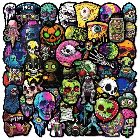 50PCS Colorful Skull & Ghost Face Graffiti Stickers Sticker Set - Funny Stickers Unique Creative Decor for Halloween Festivals AnimeWorlds Store Premium Skull Stickers Sticker Packs