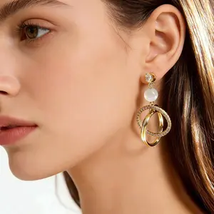 Vintage 14K Gold Plated Hoop Earrings for Women, 2026 Trendy Hypoallergenic Dangle Drop Earrings with Opal Bead Shiny Cubic Zirconia, Statement Jewelry for Wedding Party Prom Daily Wear, Ideal Gift for Her Girlfriend Mom Bridesmaid