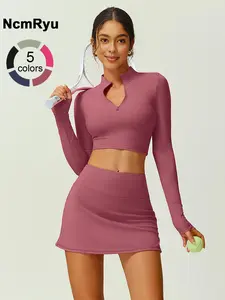 Women's Solid Color Sportswear Set with Half Zippers Tight Fitting Yoga Suit for All Seasons Outdoor Running Golf Tennis Cycling Hiking Walking Gym Sports Training Fashionable and Versatile Long Sleeved Short Skirt Set, Sportswear Clothing, Sweat Suit Set