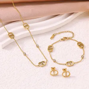 Luxury diamond-studded CD letter bracelet, necklace, and earring set for women, double D stainless steel jewelry