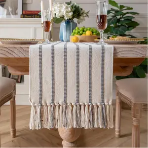 Boho Table Runner 72 Inchs Long Grey and Beige, Cotton and Linen Woven with Tassels, for Modern Rustic Farmhouse Neutral Table Runners, Bohemian Kitchen Dining Table  Decor