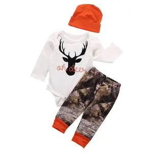Newborn Baby Boys Long Sleeve Letters Deer Romper Bodysuit Tops Camo Pants with Hat 3 Pcs Outfit Clothes Set