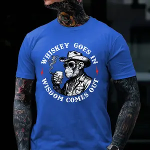 Monkeysober Pure Cotton Whiskey Goes In Wisdom Comes Out Fitted Short Sleeve Crew Neck Casual Summer Men's T-Shirt
