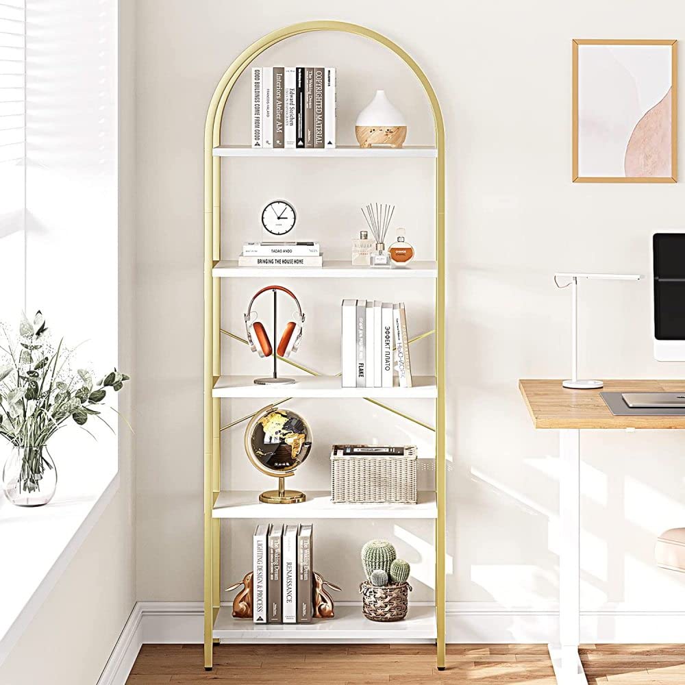【GARVEE】5 Tier Bookshelf, Industrial Gold Bookcase with Metal Frame, Bookcase for Office Organization and Storage, Modern Storage Rack Shelf for Office,Bedroom Kitchen Living Room