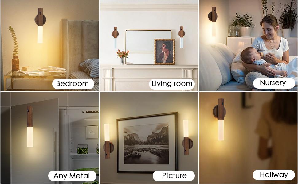 Wooden Motion Sensor Lights Indoor, Magnet Body Hallway Rechargeable LED Wireless Battery Operated Wall Sconce, Portable Decor Torch Night Lighting for Bedroom (Walnut Wood 2PCS)