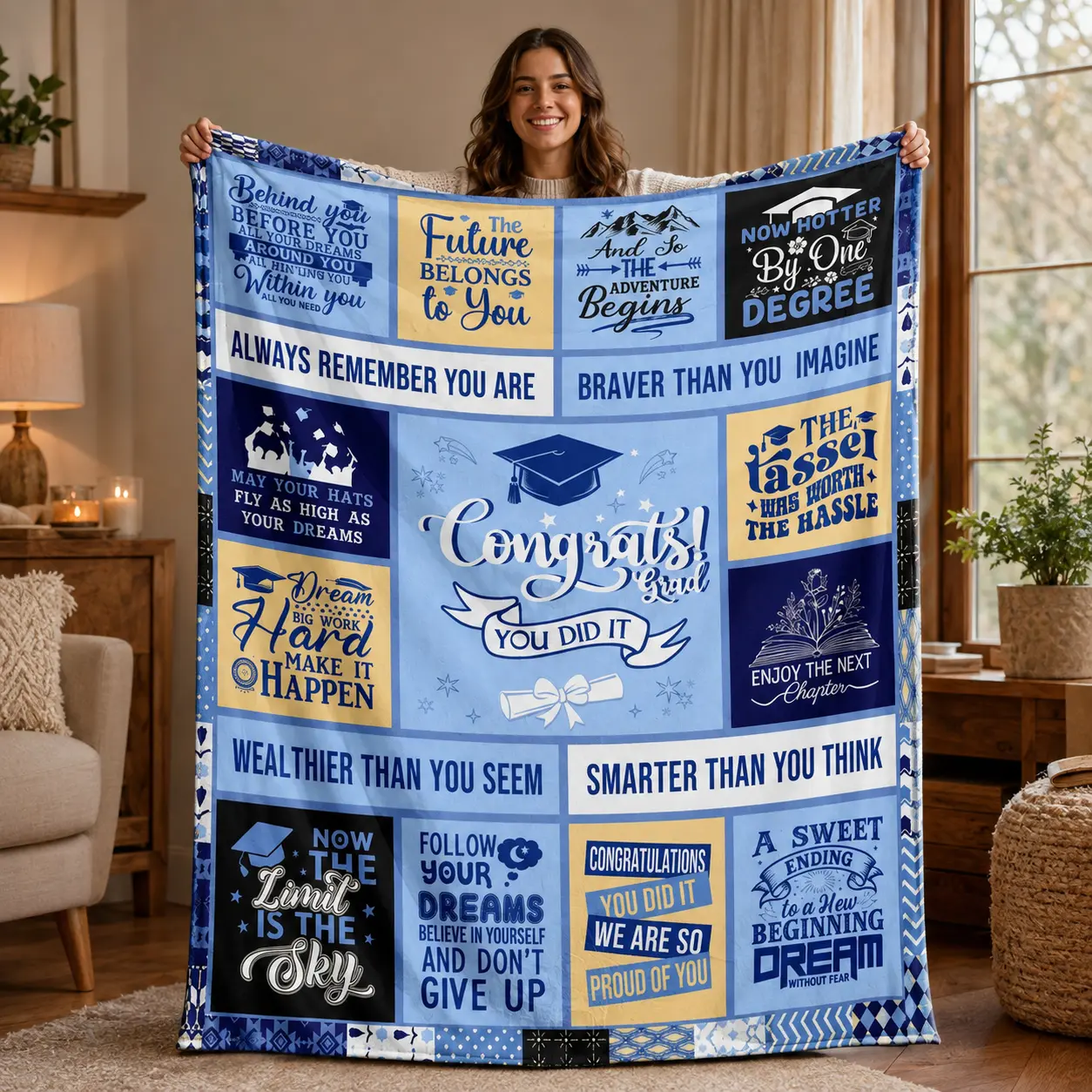 Graduation Flannel Blanket for Graduates, Congrats Grad Motivational Quote 280gsm Soft Cozy Throw, Blue Gold Senior Graduation Gift for Bed Couch Dorm Decor