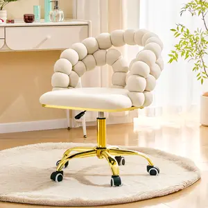 Modern Velvet Adjustable Swivel Desk Chair with Bubble Back, Upholstered Vanity Chair with Gold Metal Base, Rolling Office Chair for Home Office, Bedroom, Makeup Room, Beige (Set of 1)