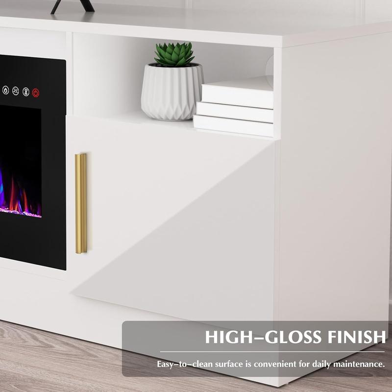 Fireplace tv Stand with 36 inch Fireplace Up to 80" TVs,LED Light Entertainment Center and Storage, 70" Modern Wood Media TV Console with Highlight Cabinet for Living Room (White)