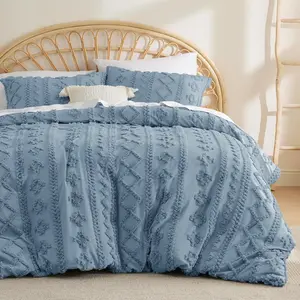 Boho Duvet Cover Queen Size - Tufted Duvet Cover Queen for Seasons, 3 Embroidery Boho, Comforter Not Included (Dusty Blue, 90" x 90")