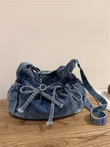 Vintage washed denim dumpling bag, drawstring pleated cloud crossbody bag, women's casual commuter shoulder bag, Denim Crossbody Bags, Denim Messenger Bag, suitable for commuting, shopping, leisure outings and everyday use, trendy accessory, etc.