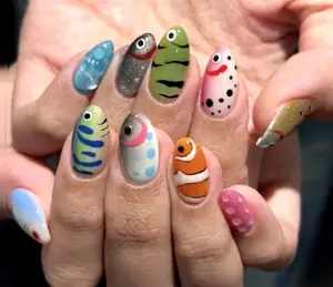 Hand-Painted Fish Press On Nails | Funky Marine Life Nail Art | 3D Glossy Ocean Inspired Fake Nails | Quirky Reusable Almond Nails