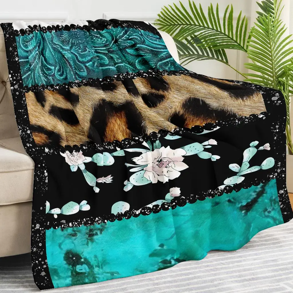 Multi-size Flannel Blanket, 1 Count Boho Style Floral & Leopard Print Throw, Multifunction Soft Fluffy Throw Blanket for Home Office Sofa Bed, Warm Be