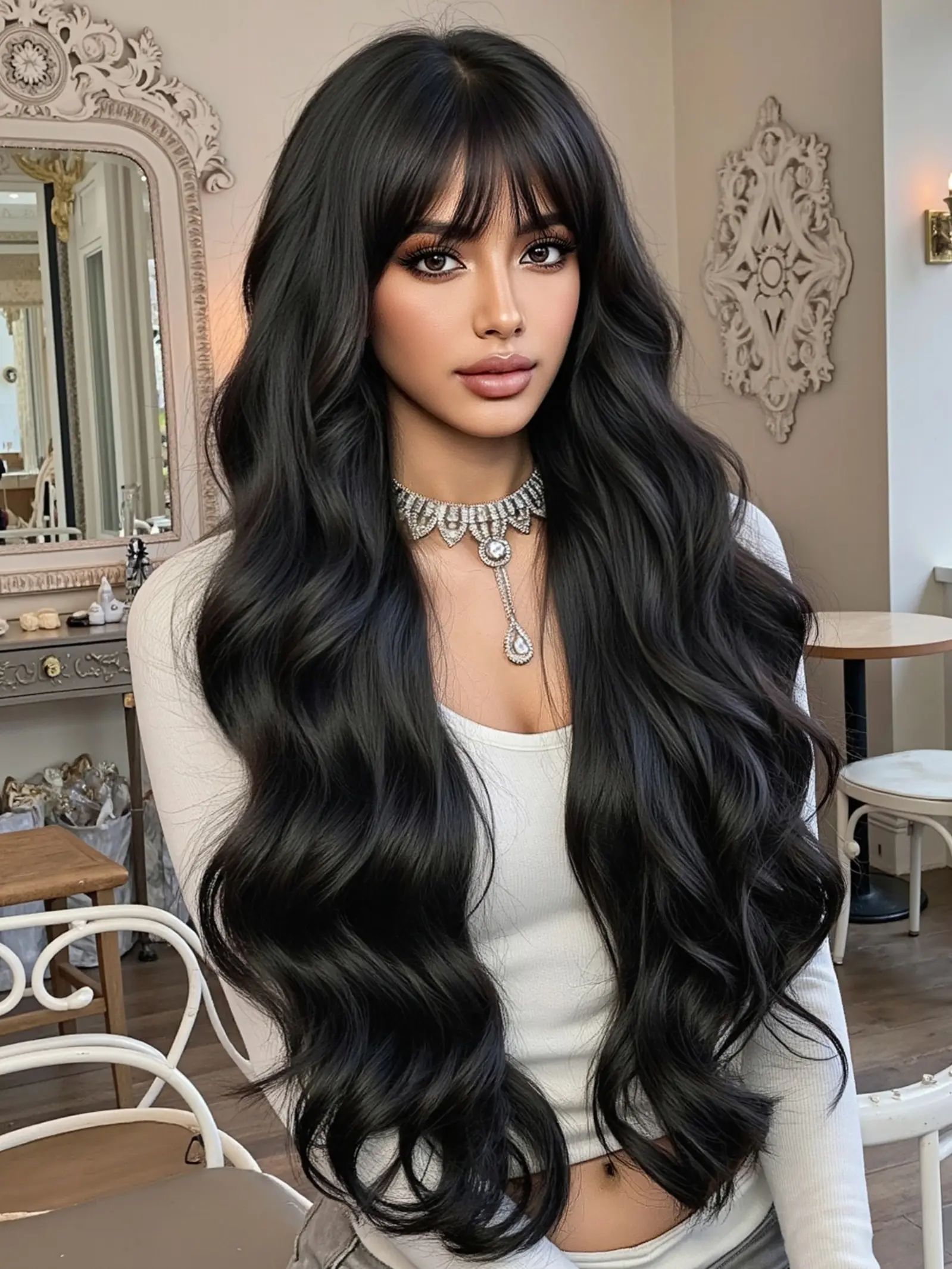 30 Inch Wavy Bangs Wig for Women, wave with bangs, Deep Wavy Wigs, Synthetic Material Wigs, Heat Resistant Wig, High-Temperature Resistant Natural Style Hairpiece, Perfect for All Seasons