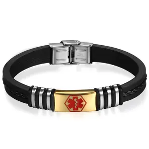 OIDEA Men Medical Alert ID Stainless Steel Silicone Bracelet, Casual Sport Wristband Gold Tone