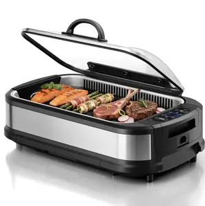 Kismile Smokeless Indoor Grill, 1500W Electric Korean BBQ Grill with Glass Lid, Non-Stick Grill, 6-Level Temp Control, Smoke Extractor, Drip Tray & Dishwasher-Safe PartSmokeless Indoor Grilling Made Easy