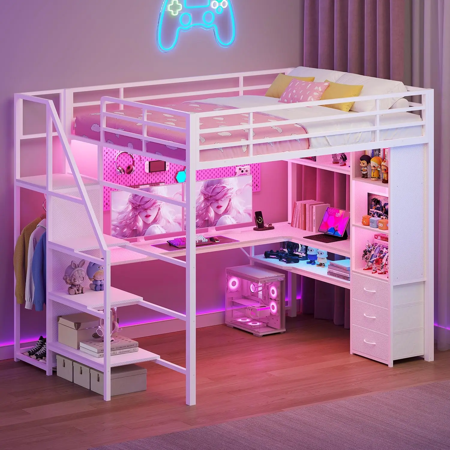 ADORNEVE Gaming Loft Bed Full Size with Desk Safety Power Outlets and Stairs LED Metal Loft with Cubbies and Storage Drawers