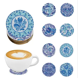 Floral Pattern Wooden Coaster, 8 Counts/set DIY Diamond Painting Coasters Colorful Painting Coaster, Decorative Table Mat for Coffee Cup, Office, Kitchen and Restaurant