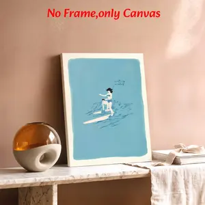 Retro Style Framed Wall Arts Surfing Posters Woman And Child On Surfboard Canvas Prints Ocean Theme Wall Decor Canvas Art Print For Living Room Bedroom Beach House Gift Ready To Hang