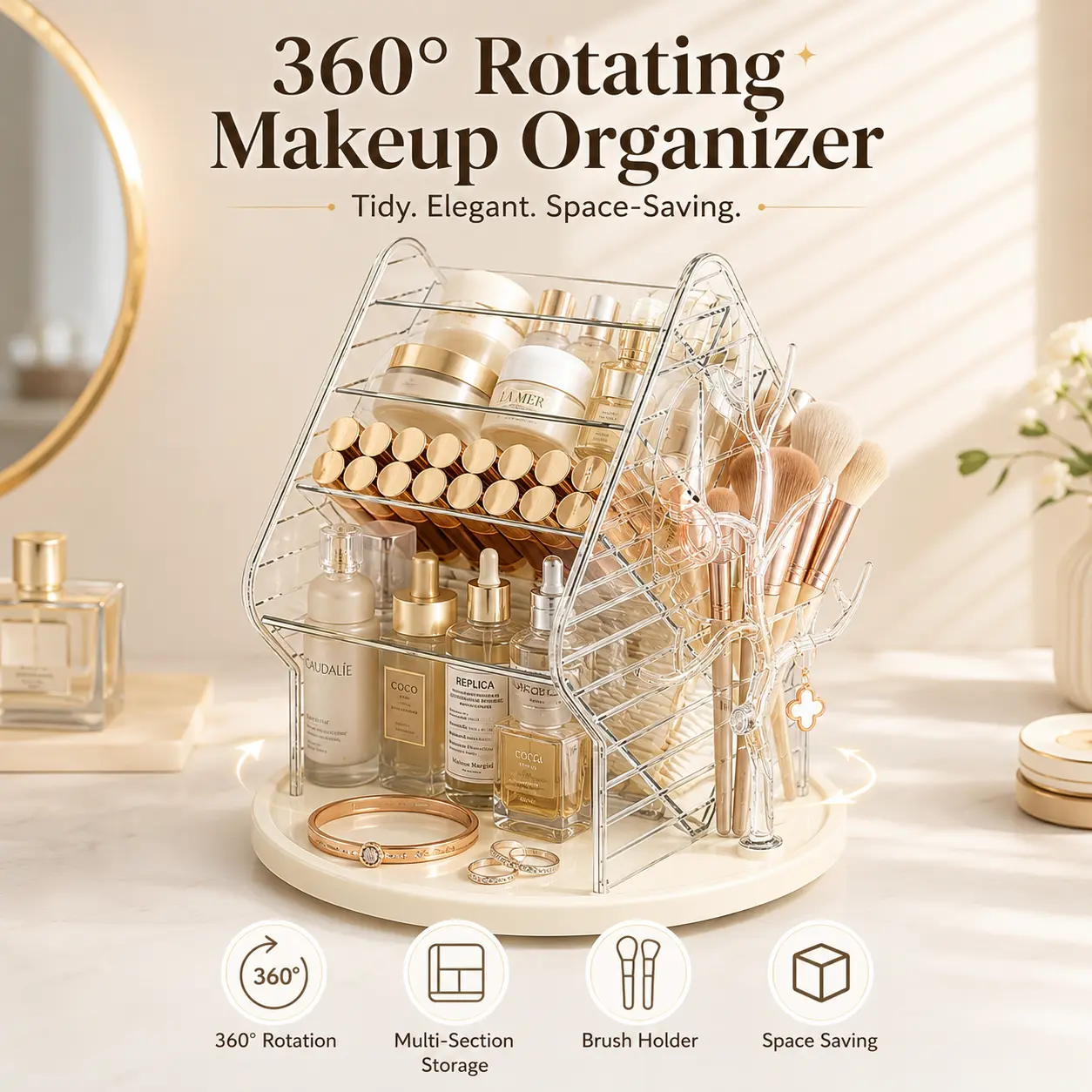 360° Rotating Metal Frame House-Shaped Makeup Organizer - Modern Freestanding Desktop Makeup Storage, Smooth Luxury Wire Mesh, Jewelry Tree Branch, Multi-Section Vanity Spinner for Lipstick, Skincare, Perfume, Indoor Recreation, Gift for Her