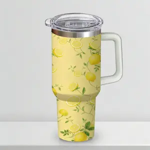 30 oz Zesty Lemon Insulated Tumbler, Sunny Yellow Travel Mug with Vintage Citrus Fruit Print, Comfort Handle & Straw, Summer Vibe Aesthetic Water Bottle, Perfect Gift for Sun Seekers