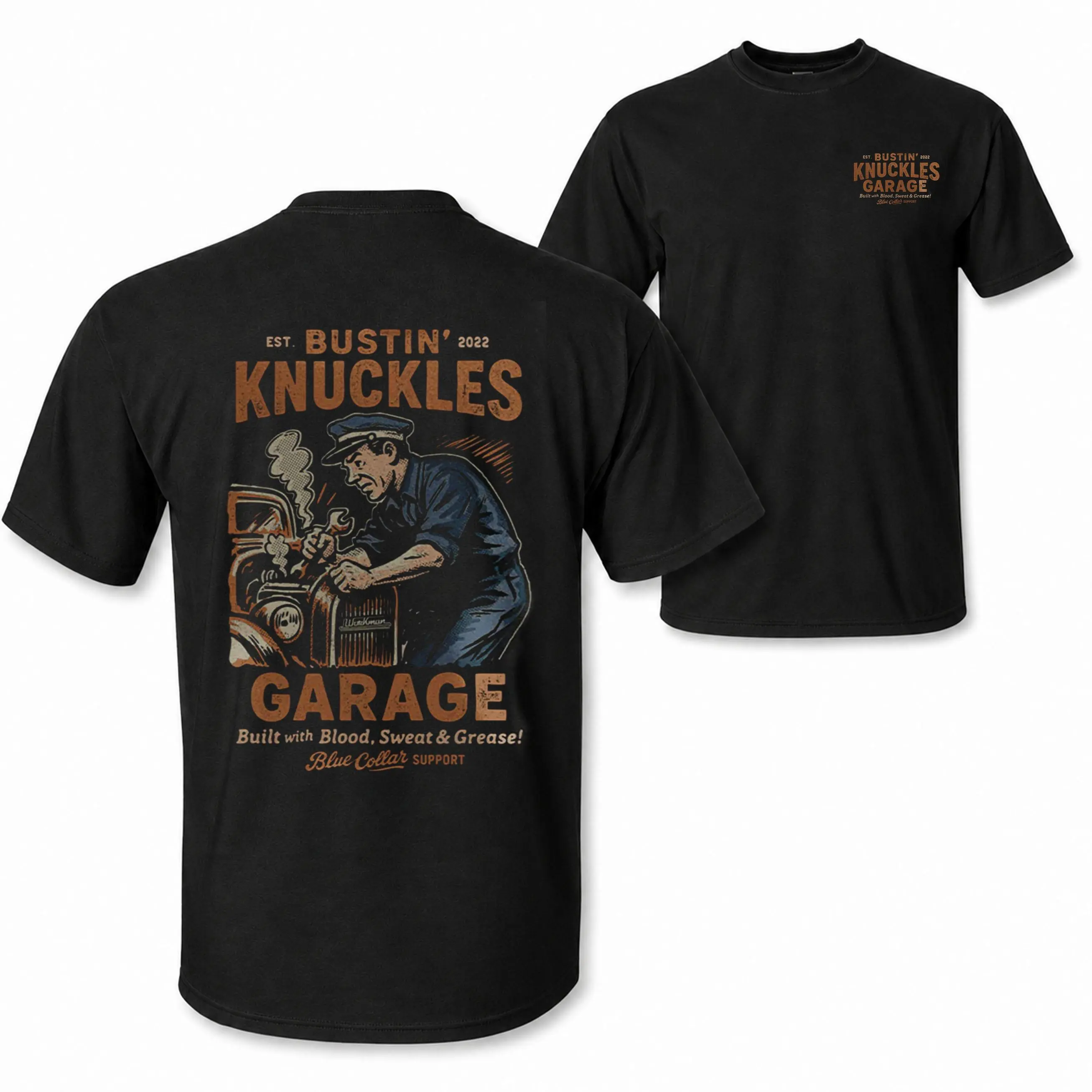 [MADE IN US] Bustin’ Knuckles Garage T Shirt, Vintage Mechanic Blue Collar Automotive Graphic, Workwear Gift For Mechanics Car Guys And Garage Enthusiasts Casual Classic