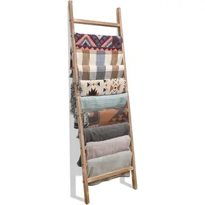 6.4ft Extra Wide Wooden Blanket Ladder Living Room Decorative Wal Leaning Farmhouse Quilt Display Holder Rustic  Towel Rack for Bathroom, Burnt Brown, 24 inch Wide with 11 Rungs